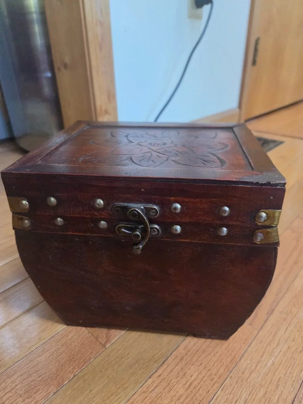 vintage decorative wooden storage chest brass metal brackets and studs